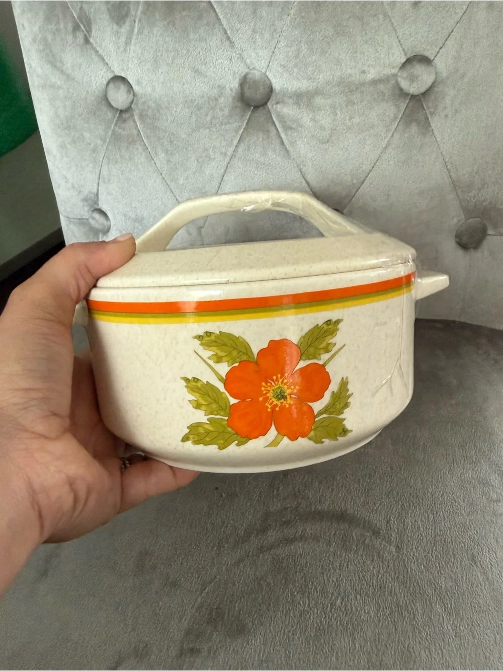 Vintage 70s Lenox Temper-Ware Fire Flower Casserole Dish With Lid and gravy boat
